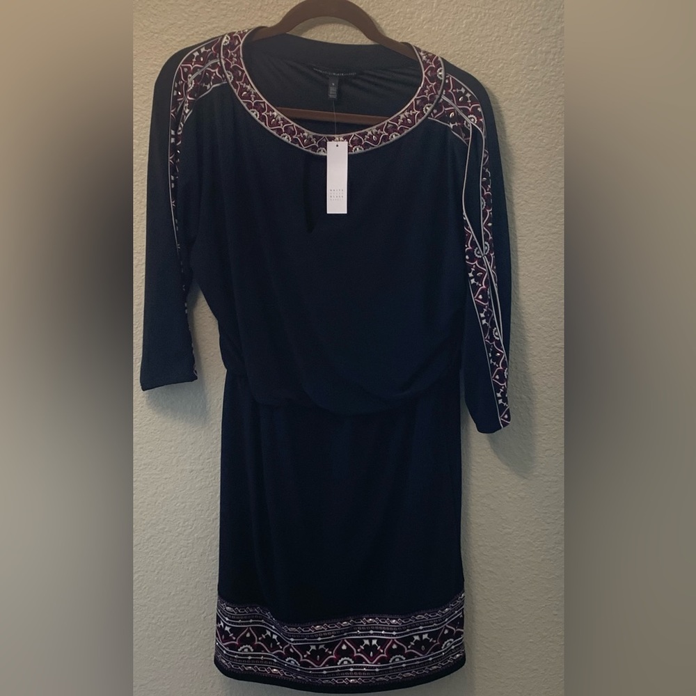 NWT White House Black Market black blouson dress with red trim size S
